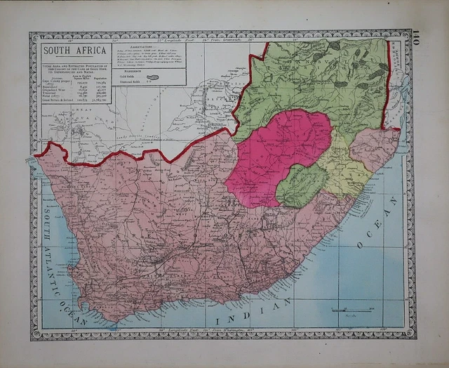 1885 Tunison Atlas Map ~ SOUTH AFRICA - ZULU LAND, TRANSVAL ~ (11x14) ~ Free S&H