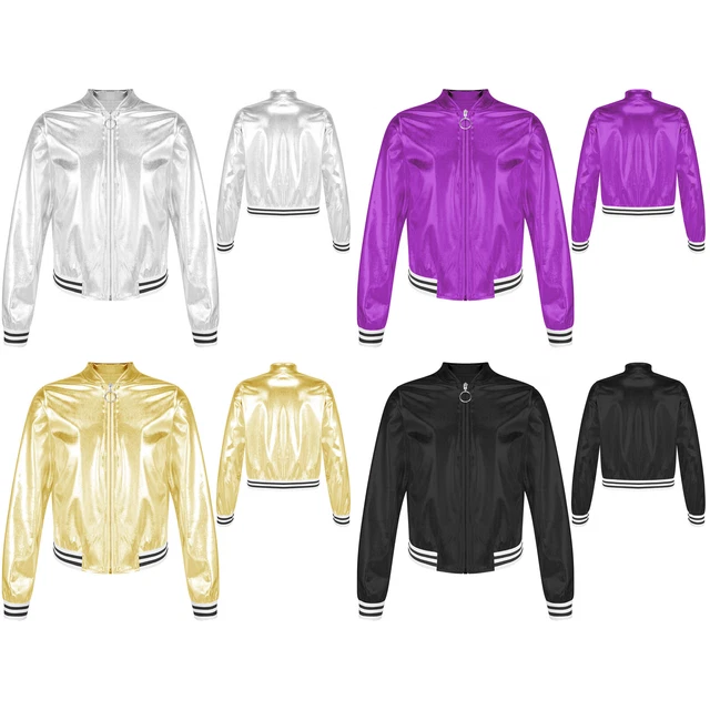 US Kids Boys Girls Shiny Metallic Jacket Coat Zip Up Jazz Dancing Tops Outerwear