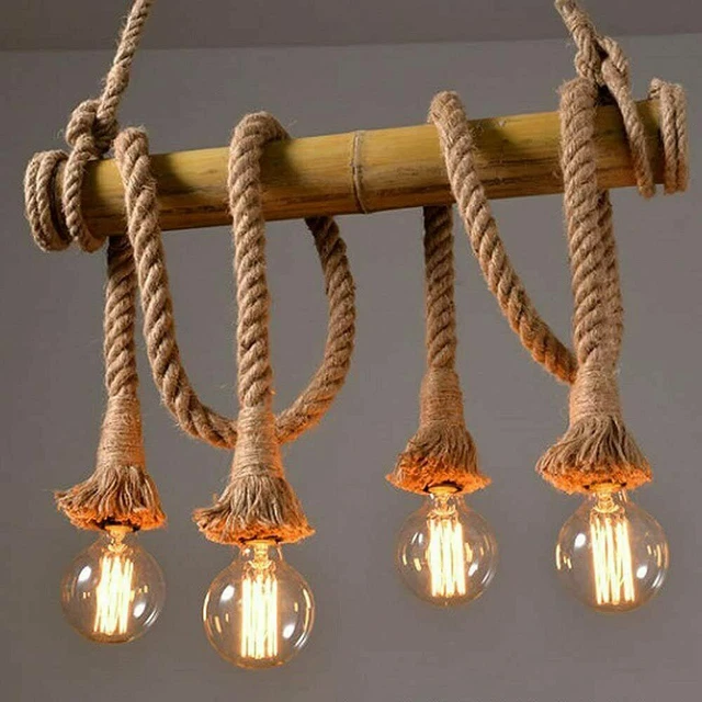 Lampada A Sospensione In Corda Di Canapa - Doppia Testa Vintage Per Bar E Casa