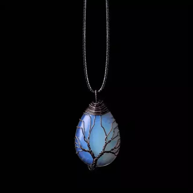 Vintage Natural Gemstone Crystal Tree Of Life Necklaces Copper Wire Wrap Pendant