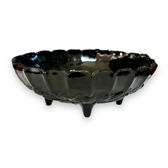 Vintage Art Deco Black Amethyst Glass Footed Bowl Scalloped Fruit Design USED