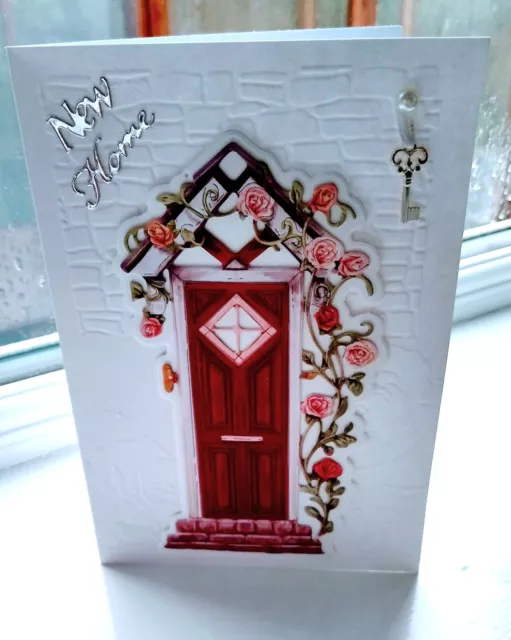 Embossed NEW HOME 3D layered card with metal key embellishment / handmade