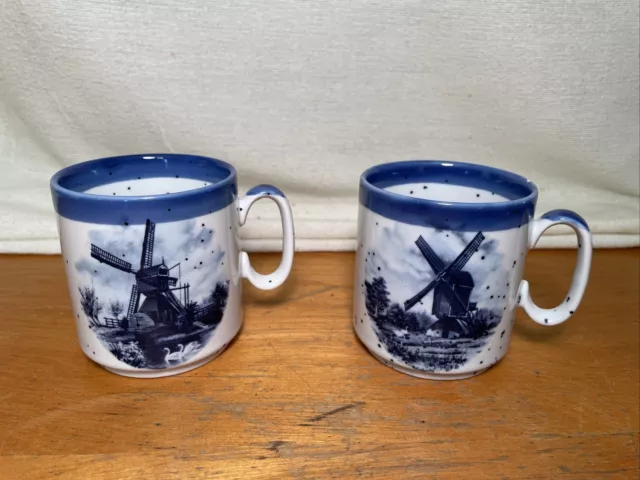 2 Delft Blauw Tea or Coffee Cups Hand Painted Windmill Ter Steege 8 Ounce