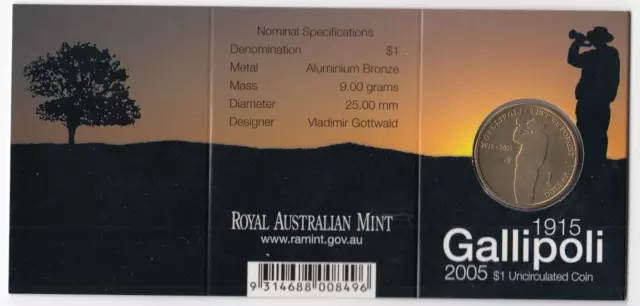 2005B (Unc) Australia One Dollar Coin - (Gallipoli) - Ram Card - (B) Mint Mark