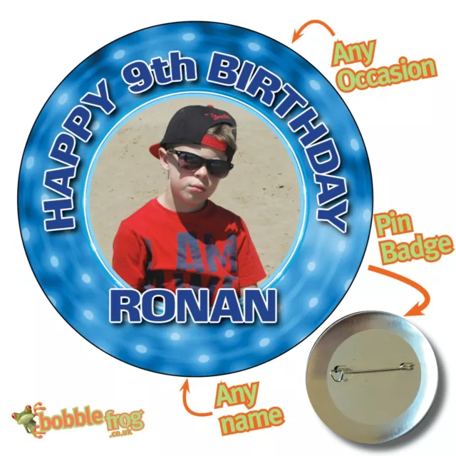 LARGE 75mm Personalised PINK BLUE PHOTO Big Birthday Badge ANY AGE 18th 21st 322