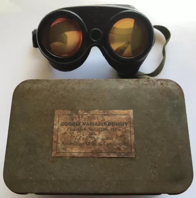 WWII Military American Optical Polaroid Variable Density Goggle + tin 37-G-3755