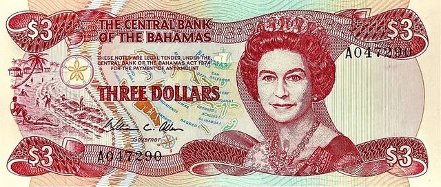 Bahamas 3 Dollars Banknote 1974 Mint Unc Condition Rare Collectible Pp780