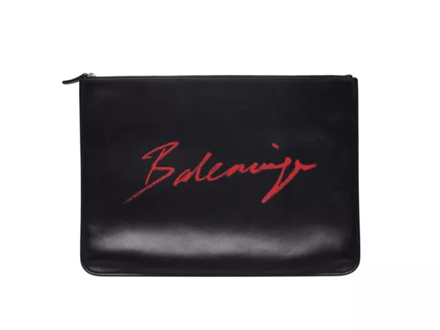 Balenciaga Everyday Red Lipstick Logo Black Leather Clutch Bag