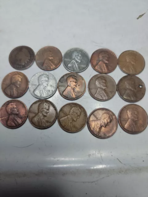 U.S. Indian Head Penny and Lincoln Wheat Penny ~ Lot of 15 Coins