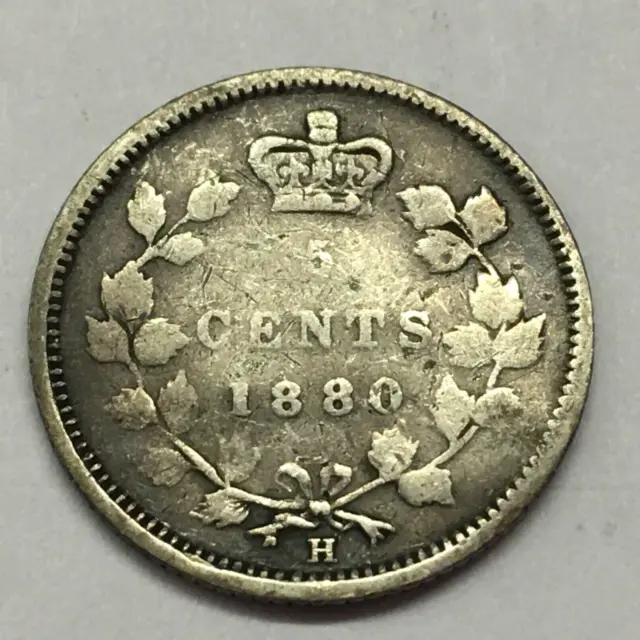1880 H Canada 5 Cents Silver Coin - Ships Free W/ Usps Tracking & Insur.