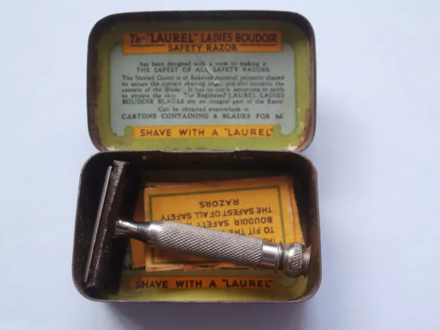 Antique The Laurel Ladies Boudoir Safety Razor Tin + Contents Hinged Lid