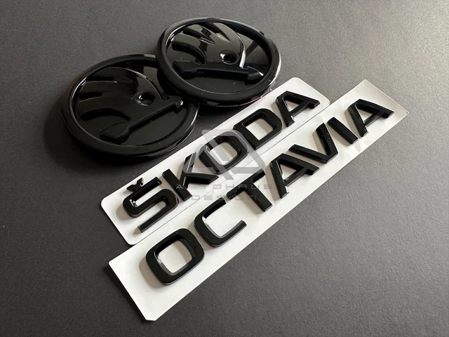 Original SKODA Gloss Black Logo Badge Set - 2x 90mm VRS Fabia