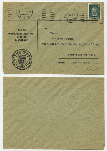 84857 - Beleg Württ. Landesfürsorgebehörde - Stuttgart 6.6.1928