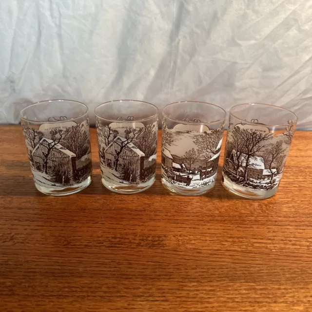 REAL! Vintage Currier and Ives Lowball Glasses Holiday Themed Set Of 4 Christmas