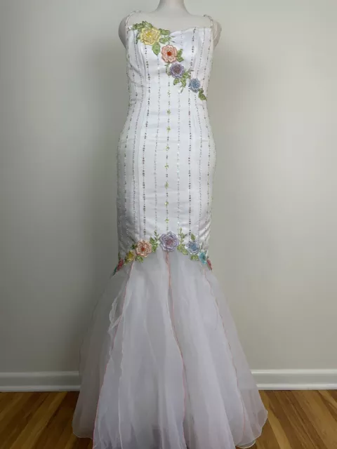 Vintage Loralie Dress White Silk Beaded Wedding Beaded Flowers Mermaid Sz 6