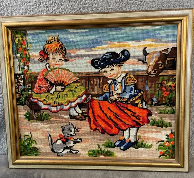 Needlepoint Framed Spanish Scene 18x24 Girl With Matador Art Hand Stitched