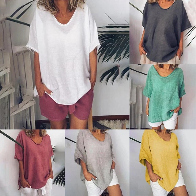 Maglia Donna Vestiti T-Shirt Spiaggia Casual Scollo A V Cotone E Lino Moda