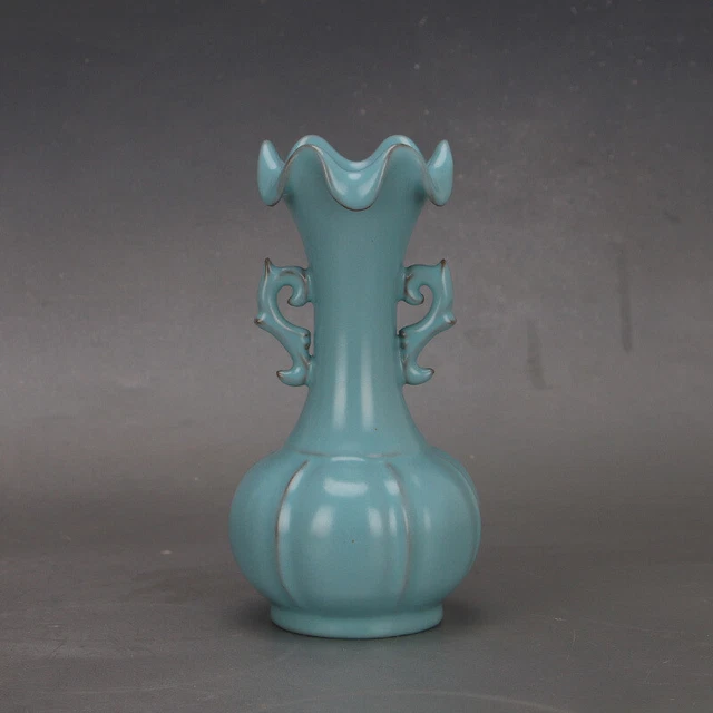 7.1" Chinese Porcelain Song dynasty ru kiln mark Blue glaze double ear lace Vase