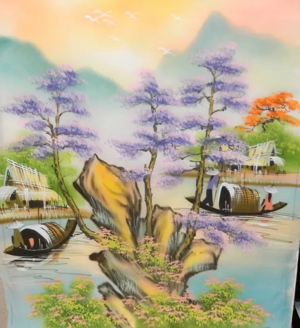 Chinese Original Watercolor On Silk Village Painting Unsigned
