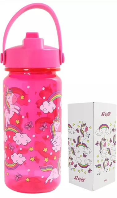 Pink Unicorn Kids Water Bottle with Straw 550ml Leakproof BPA Free Water Bottle