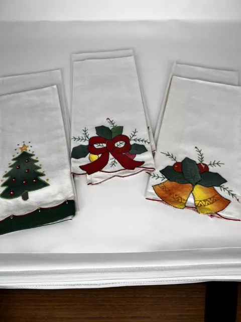 6 Vintage Hand Towels Appliqué Ribbon Bell Bow White 21x23” Multicolor Linens