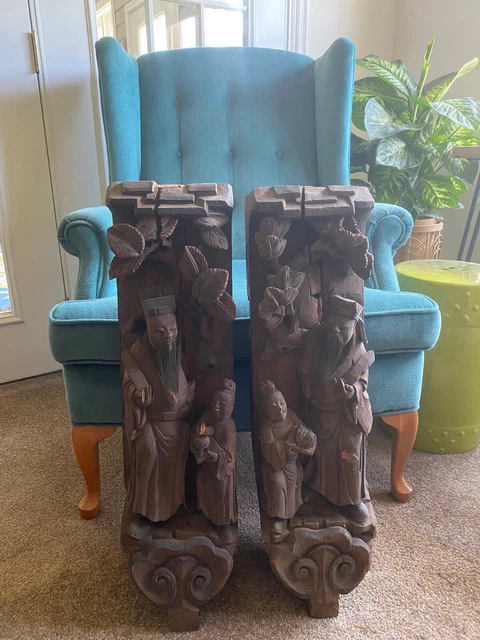 Pair Antique Chinese Architectural Temple Wood Carved Figural Corbels 28" L