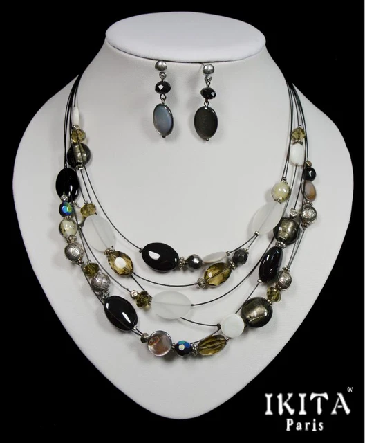 Set Kabel-Kette Ohrringe Ikita Paris Halskette Collier Glasperlen Perlmutt
