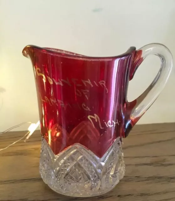Ruby Red Flash Glass Creamer EAPG "souvenir of Lansing Mich" Antique