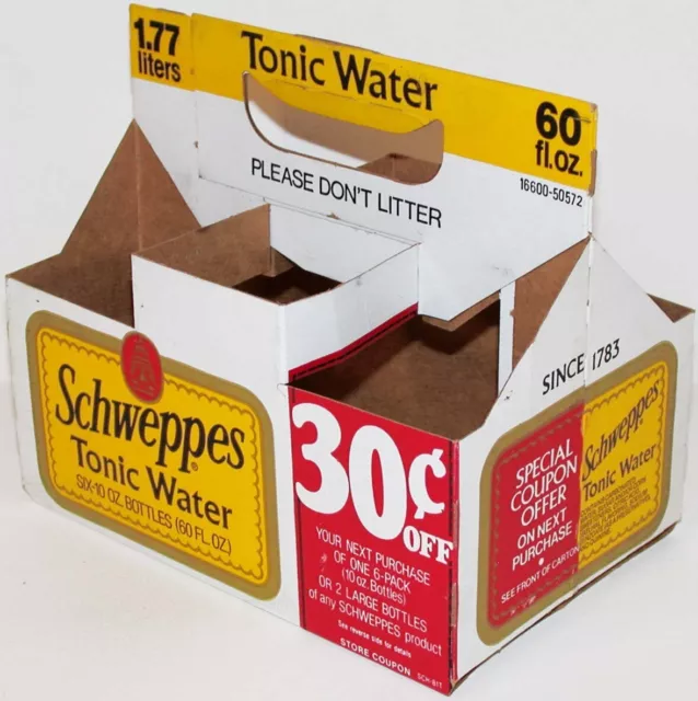 Vintage soda pop bottle carton SCHWEPPES Tonic Water 30 cents off coupon 6 pack