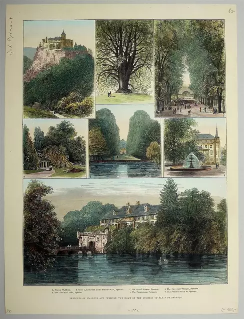 BAD PYRMONT - Mehransichtenblatt - kolorierter Holzstich 1882 2