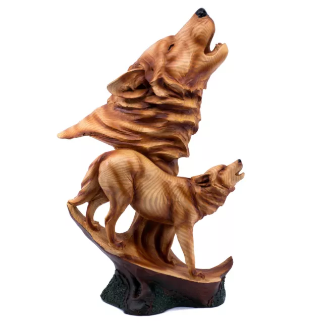 Wolf Wolves Howling Faux Carved Wood Look Figurine 15" High Resin Statue New!