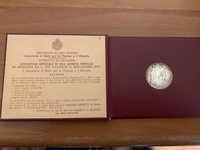 Moneta da 500 lire Repubblica di San Marino Anno 1976 con Certificato