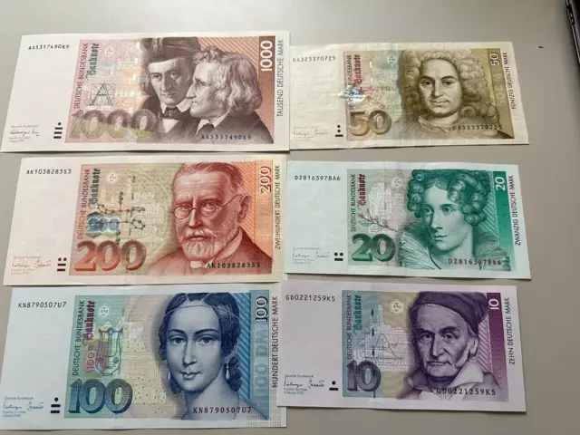 Deutsche Mark Scheine Sammlung von 5 bis 1000 DM + weiter 5 DM Noten Top Zustand