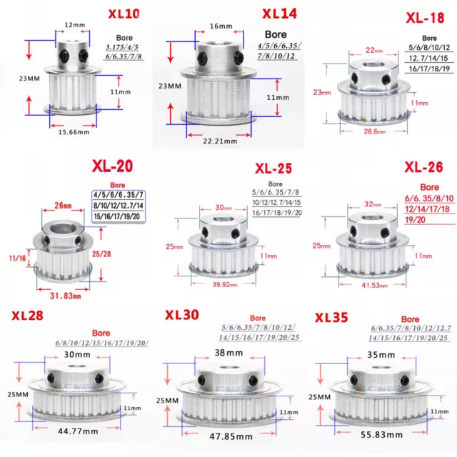 XL10T-35T Timing Belt Pulley With Step, Bore 3.175mm-25mm For 10/15mm Width Belt