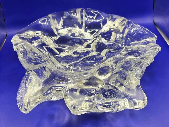 Vintage EUROPEAN Clear Irregular Ice Glass Large Dish w/Snail Shell Motif