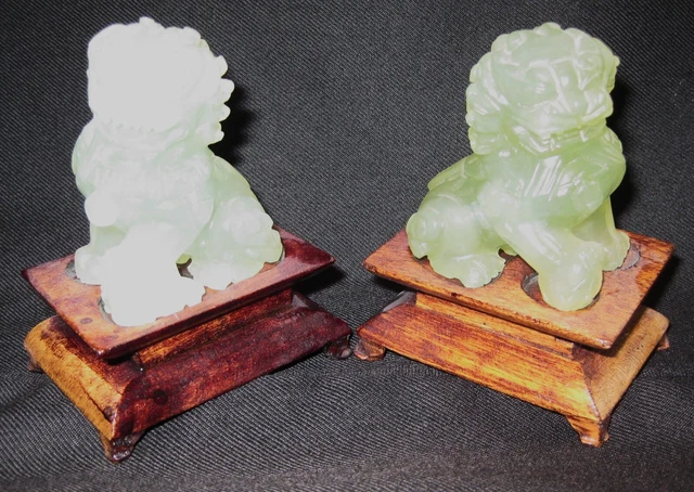 Pair of Chinese Carved Green Jade Foo Dog/Guardian Lion Vintage Antique Figures