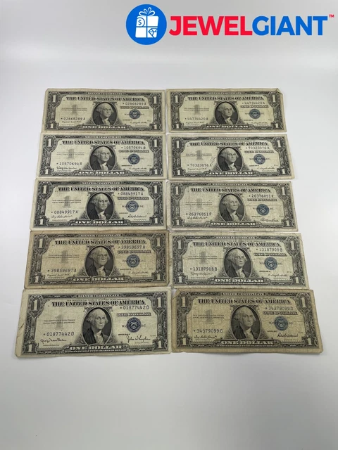 US $1 DOLLAR SILVER CERTIFICATE BANKNOTES STAR NOTES CIRCULATED LOT OF 10 #ed874