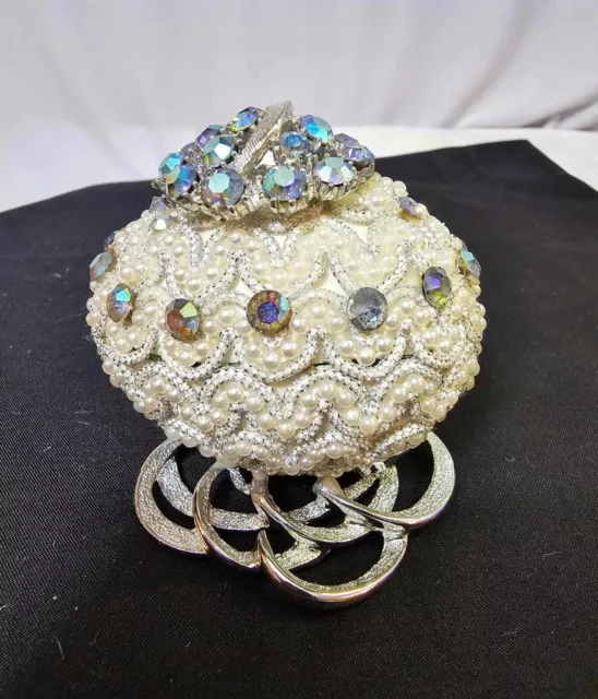 Easter Egg handcrafted bead Trinket/ ring box w irridescent stones metal base-L3