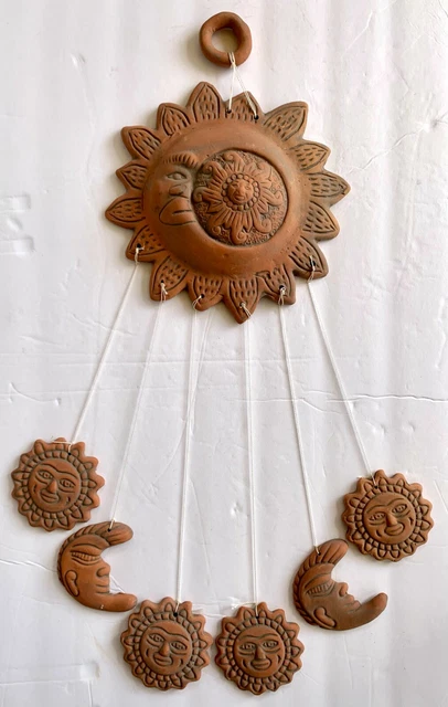 TERRACOTTA AZTEC MAYAN RED MEXICAN CLAY POTTERY HANGING Moon Sun Wind