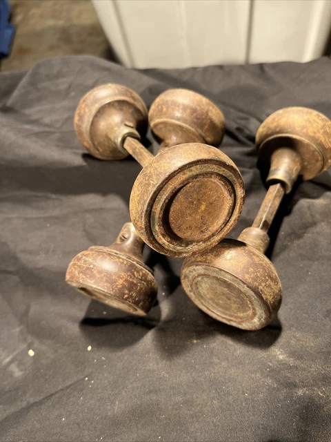 3) Vintage Ornate Metal Door Knob Set Handle Victorian Raised Pattern