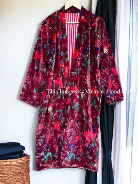Luxus Samt Fransen Jacke Mantel Kimono Roter Vogel Bedruckter Kimono Lange Robe
