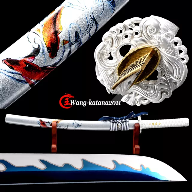 30''Koi/Silver Fish Wakizashi 1095 Steel Blue Blade Japanese Samurai Sharp Sword