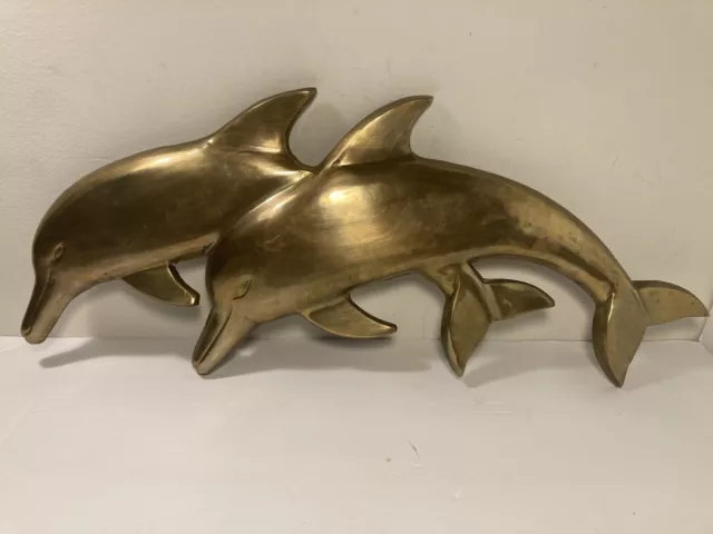 Vintage Brass Dolphin Wall Hanging 22.5” Beach Nautical Home Decor