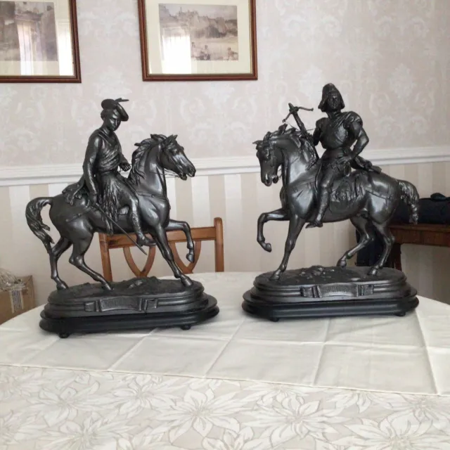 19th Century Pair Heavy Spelter Figures Mounted On Horse Back By E. Laurent 48cm