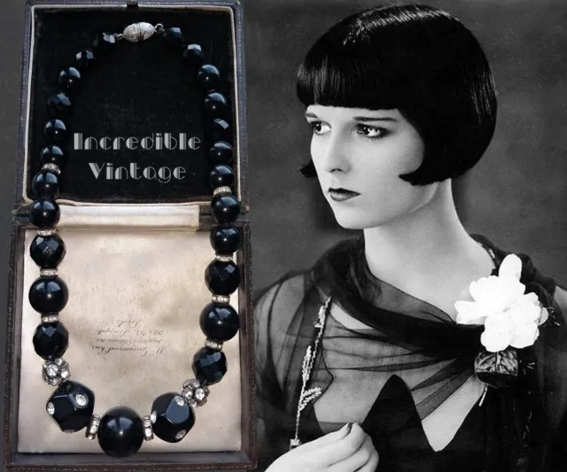 Vintage LOUIS ROUSSELET Art Deco Necklace Chunky Jet Black Rhinestone Beads Gift
