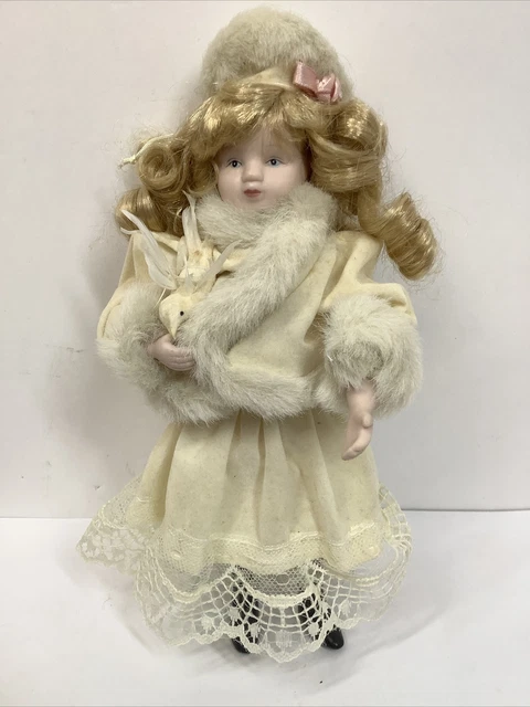 Vtg Look Porcelain Doll Christmas Ornament Girl Gold Blonde Victorian Bisque