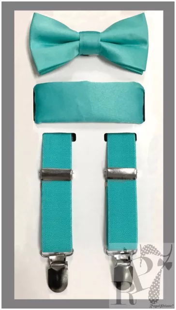 Turquoise Blue NEW Boy's Clip Suspender Bow tie & Pocket Square 3 pieces set