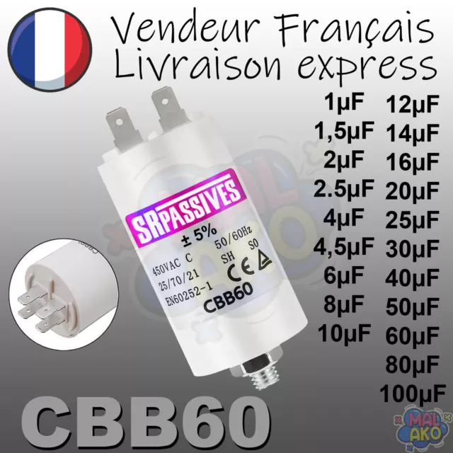CONDENSATEUR MOTEUR CBB60 de 1uF à 100uF 450V À COSSE DÉMARRAGE PERMANENT