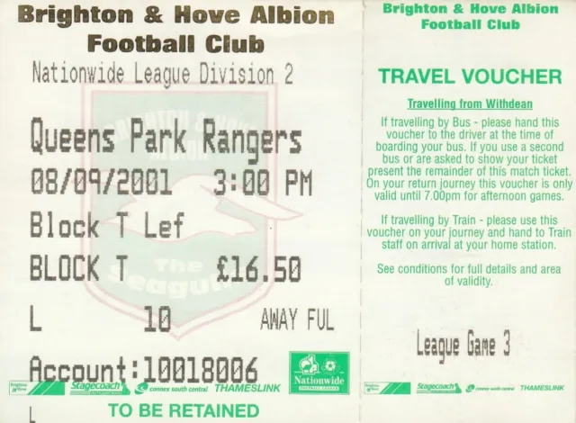 Ticket - Brighton & Hove Albion v Queens Park Rangers 08.09.01