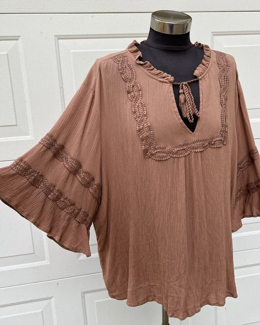 MAURICES Warm Brown Gauze Boho Hippie Festival Blouse Sz 3X